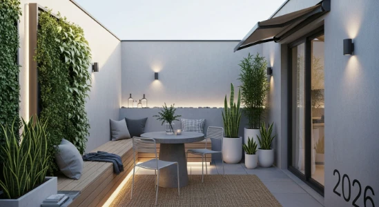Terrasse minimaliste moderne avec mobilier en bois clair et plantes vertes sur un petit balcon