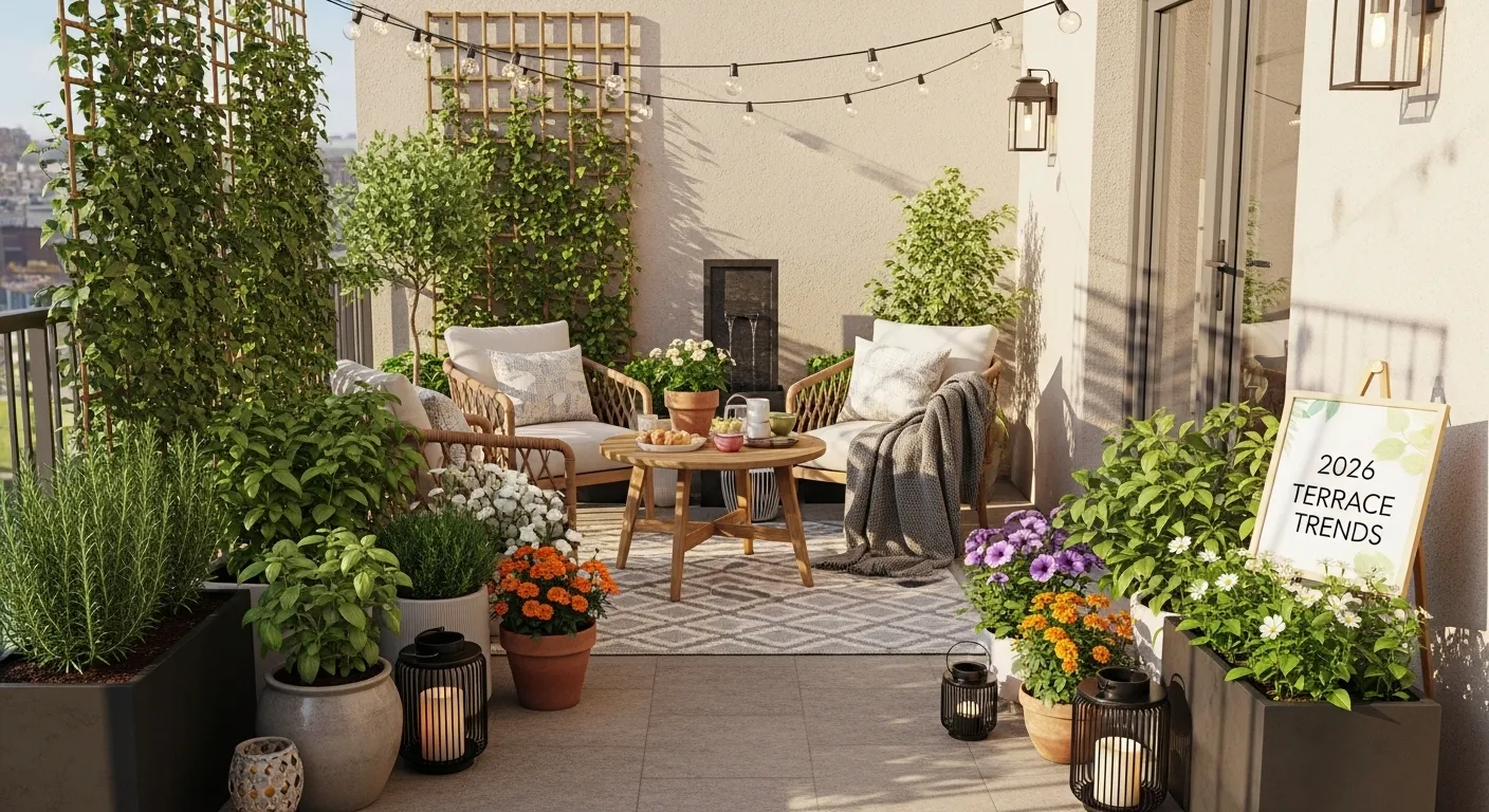 Petite terrasse cosy aménagée avec tapis rond, coussins et guirlandes lumineuses le soir