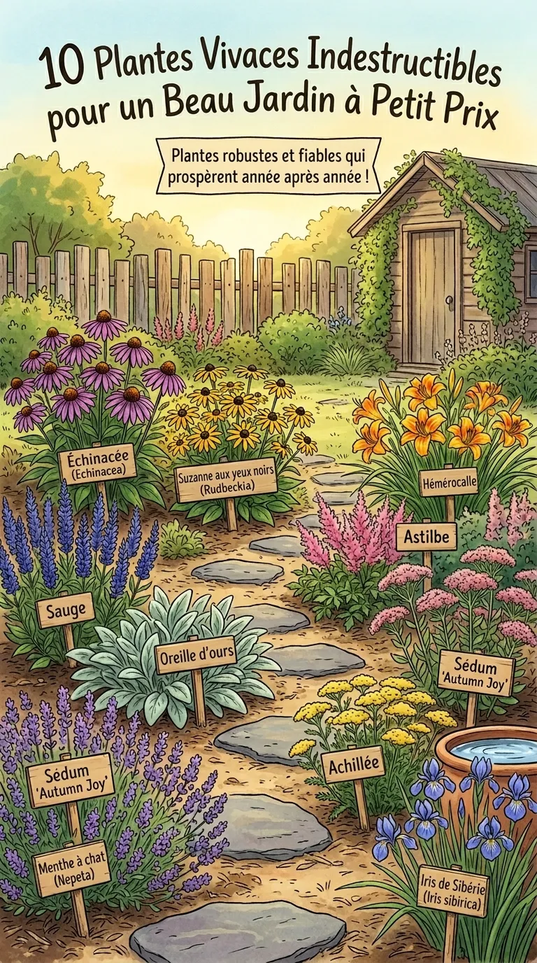 Massif coloré de vivaces résistantes (gaura, sedum, népéta) dans un petit jardin ou sur un balcon