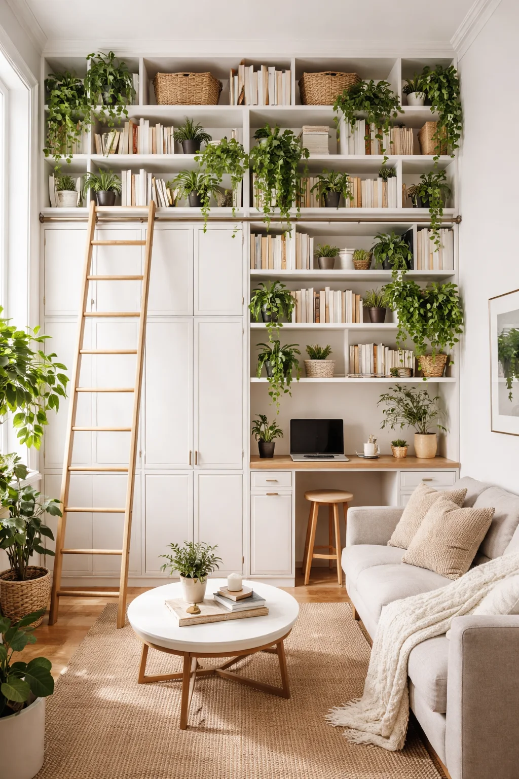 Mur de rangement toute hauteur blanc dans petit studio avec échelle de bibliothèque et plantes