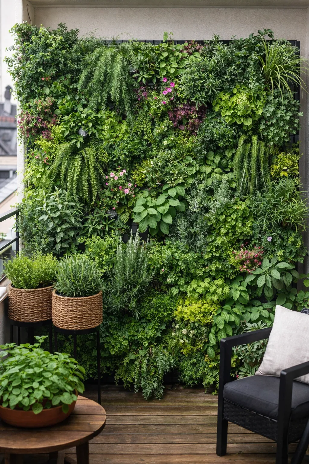 Mur végétal extérieur sur une petite terrasse avec plantes aromatiques