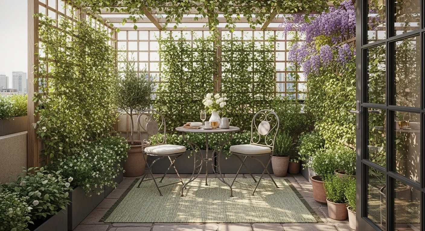 Plantes grimpantes sur treillis délimitant un coin salon sur terrasse