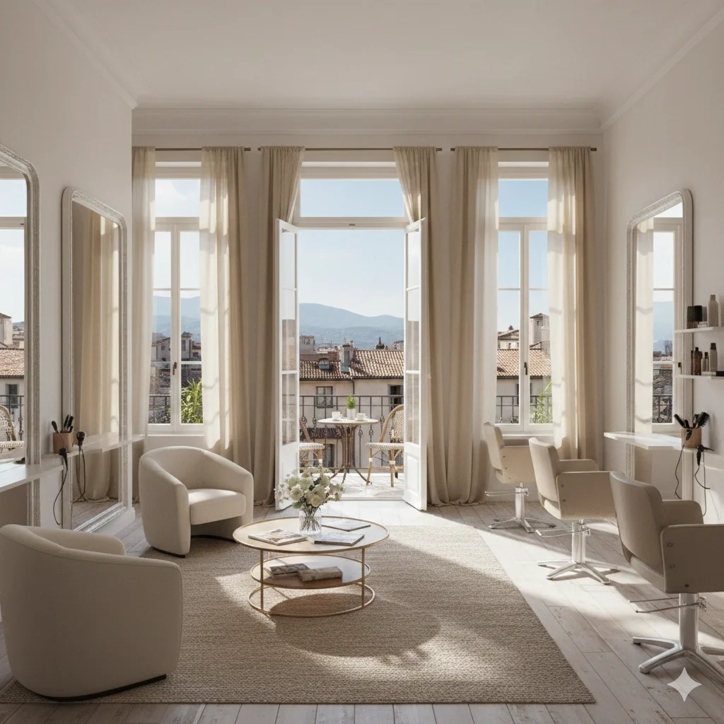 Salon de studio lumineux avec grands miroirs, rideaux en lin beige et ouverture sur balcon aménagé