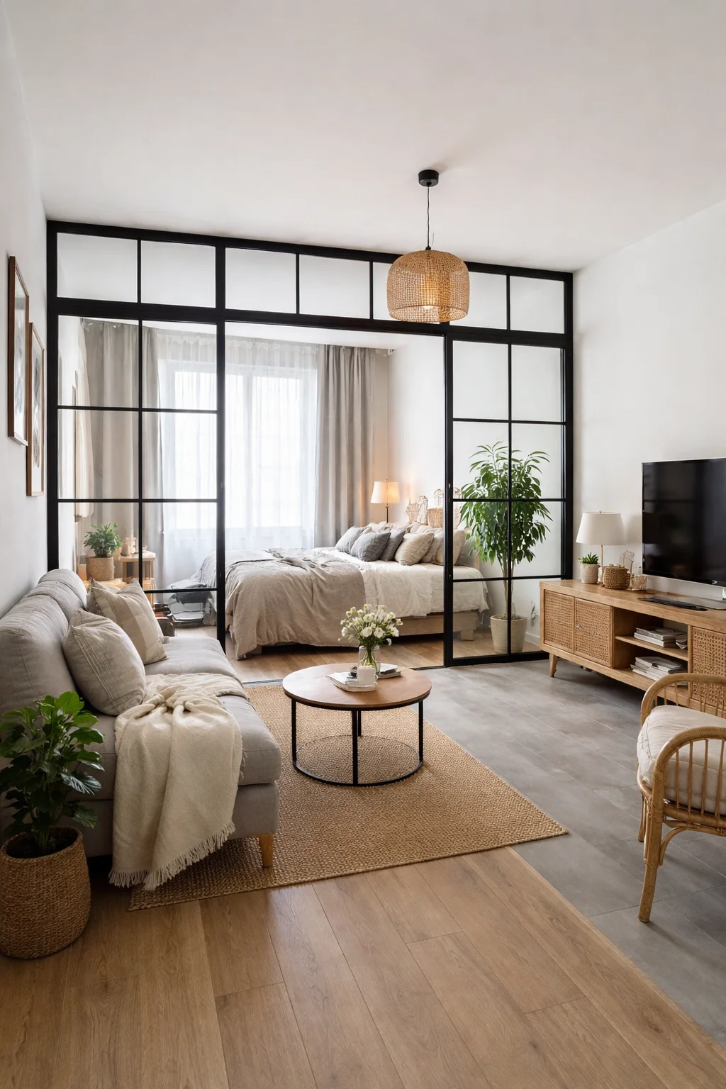 Séparation coin nuit et salon studio 20m2 avec verrière style atelier et sol bimatière